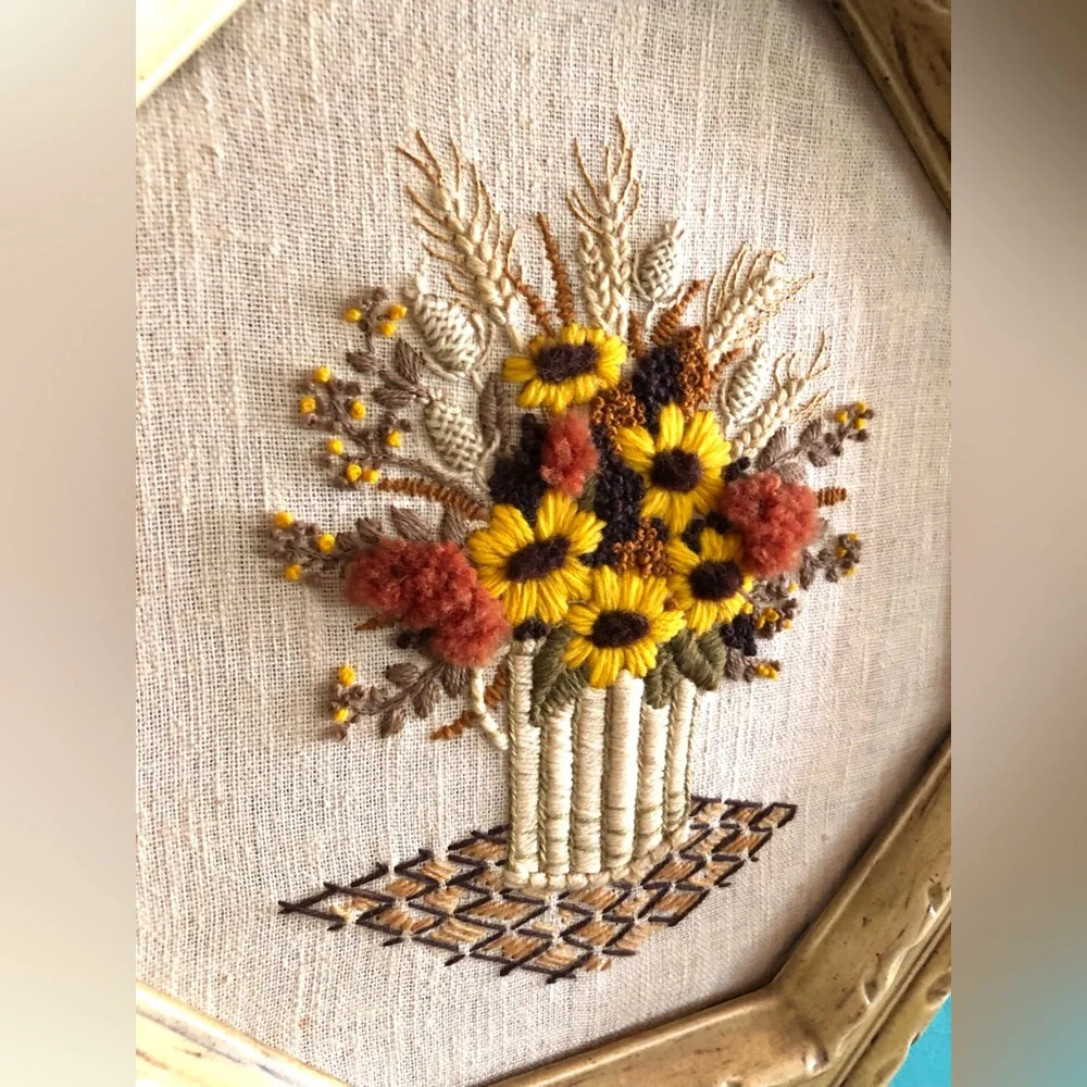 11047 Mid Century Boho Hand Worked Floral Crewelwork in Octagon Ceramic Frame